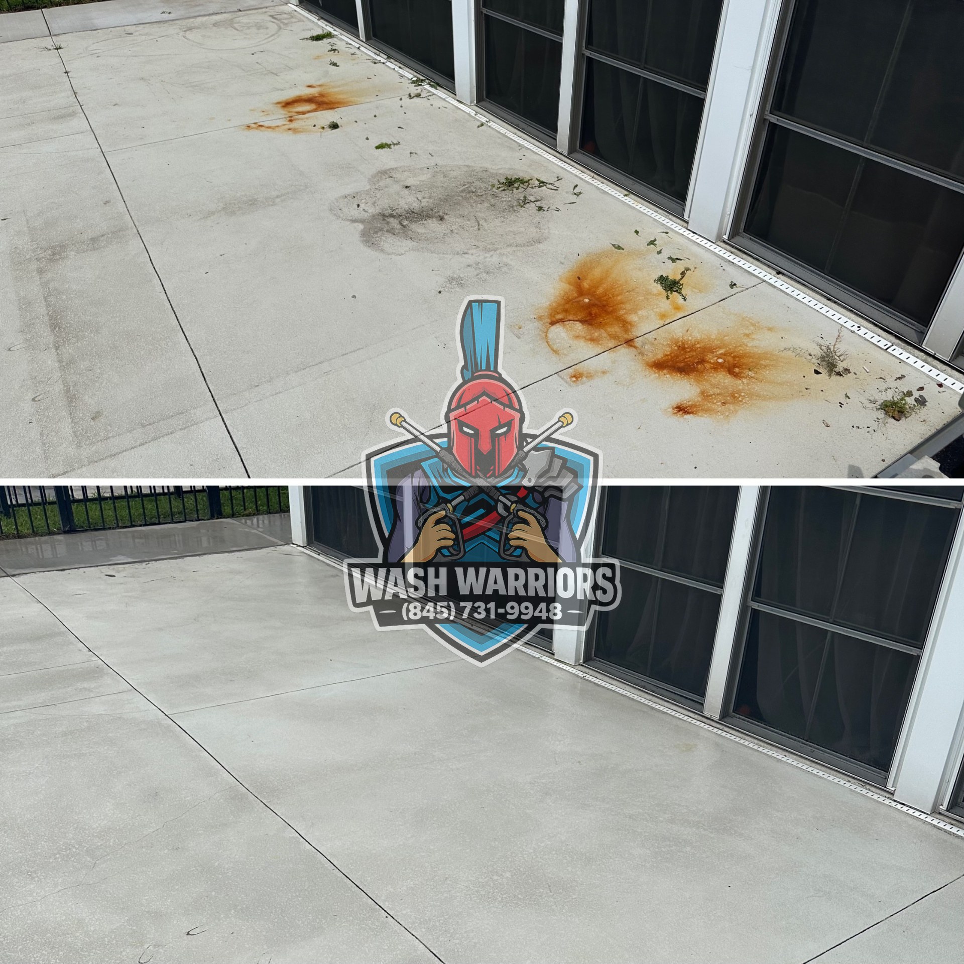 Concrete walkway before and after rust and stain removal