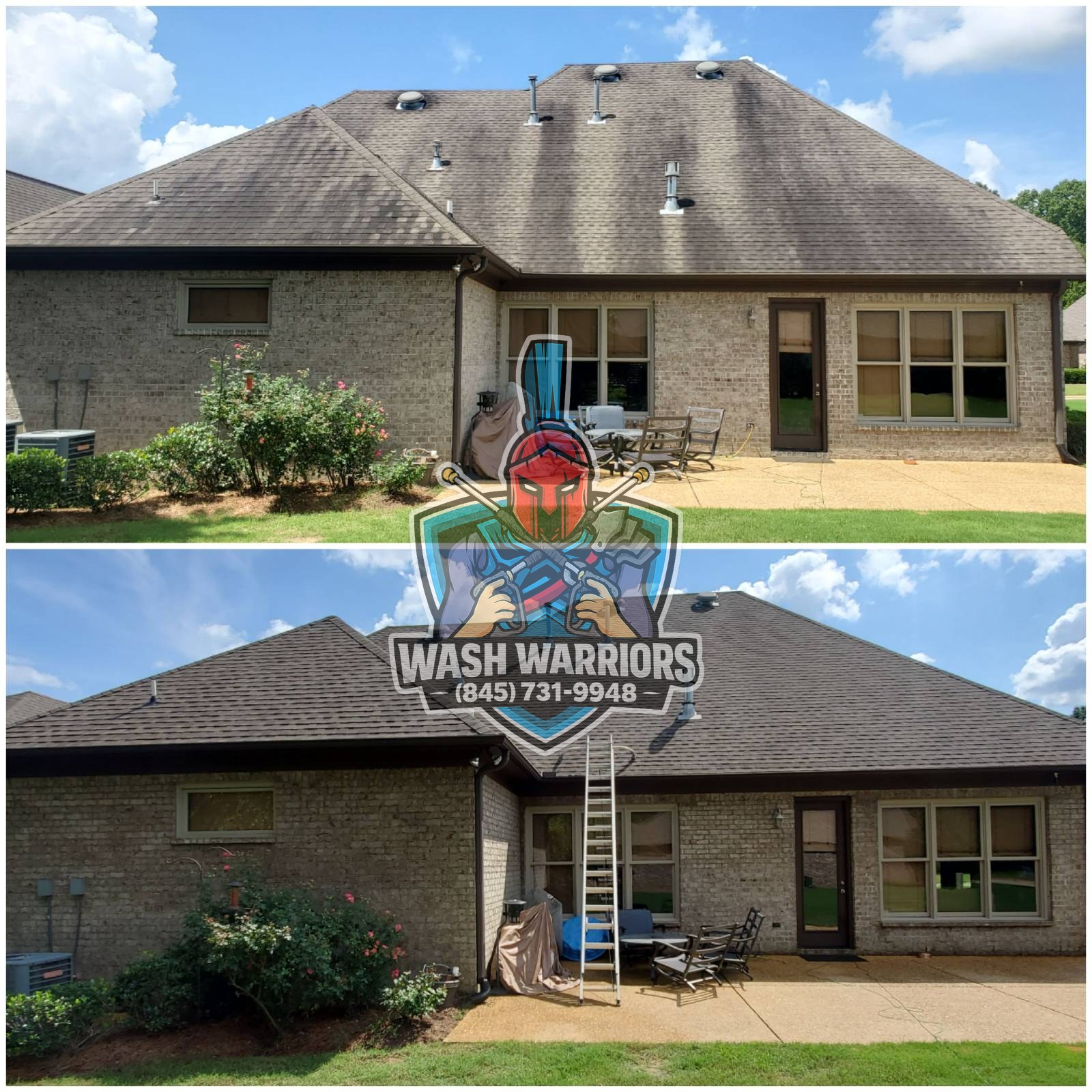 Roof and brick home cleaned by Wash Warriors